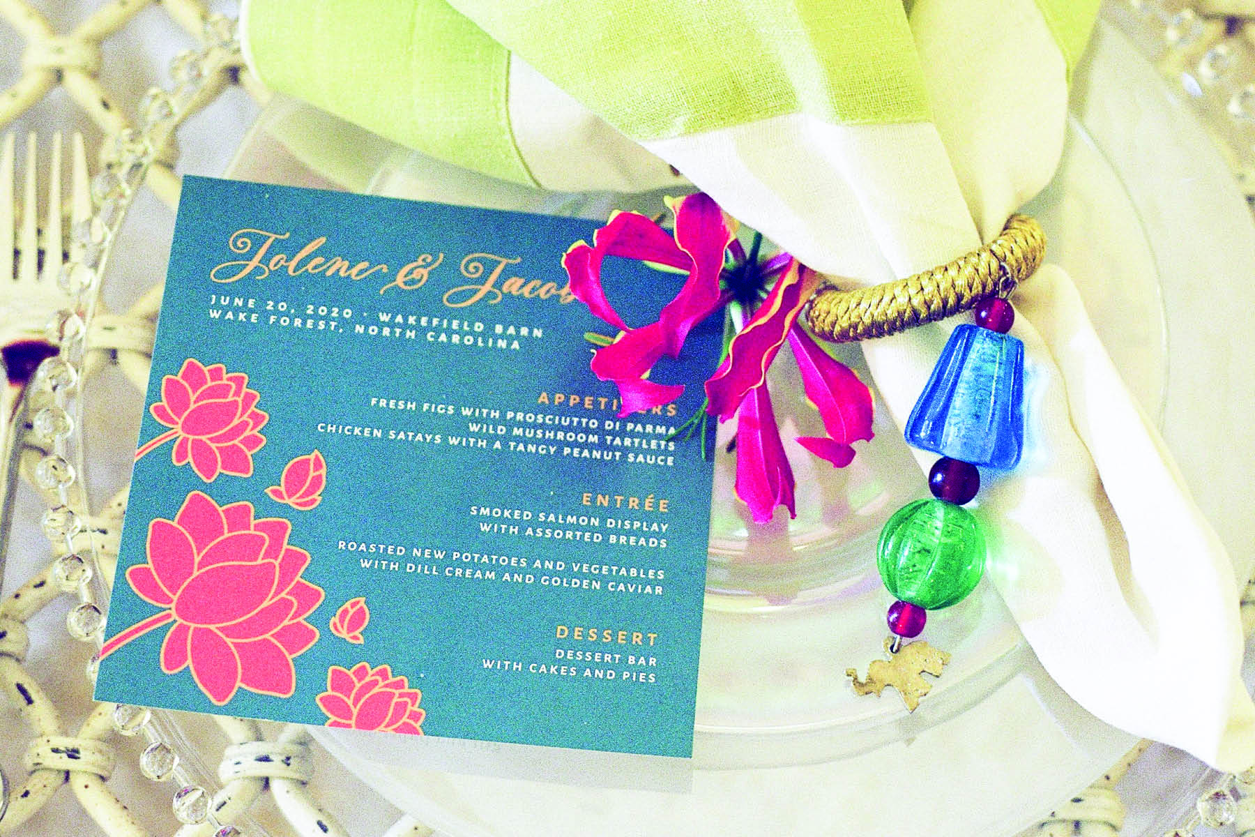 Wedding Menu Card with Floral accent and beads