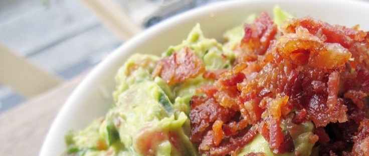Guacamole with Bacon, Grilled Scallions, and Roasted Tomatillos