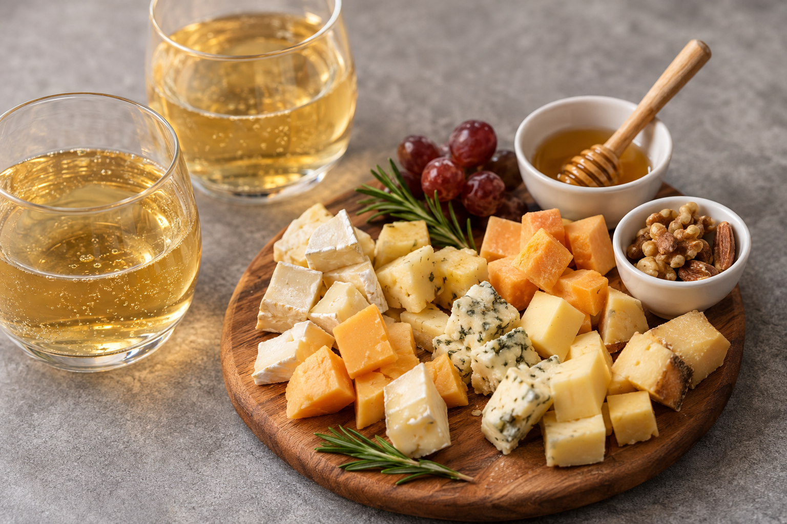 bite size pieces of cheese on a cheese board with rosemary springs and small glasses of cider
